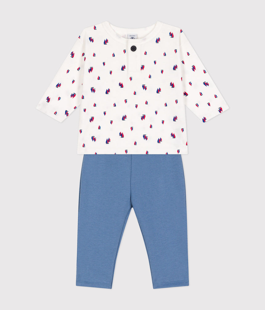 BABIES' COTTON FLEECE DUNGAREES AND T-SHIRT