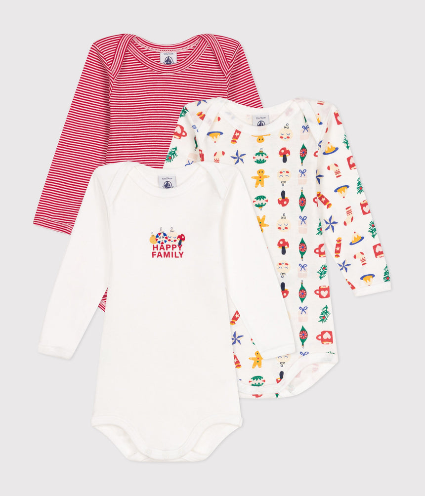 BABIES' LONG-SLEEVED COTTON CHRISTMAS BODYSUITS - 3-PACK