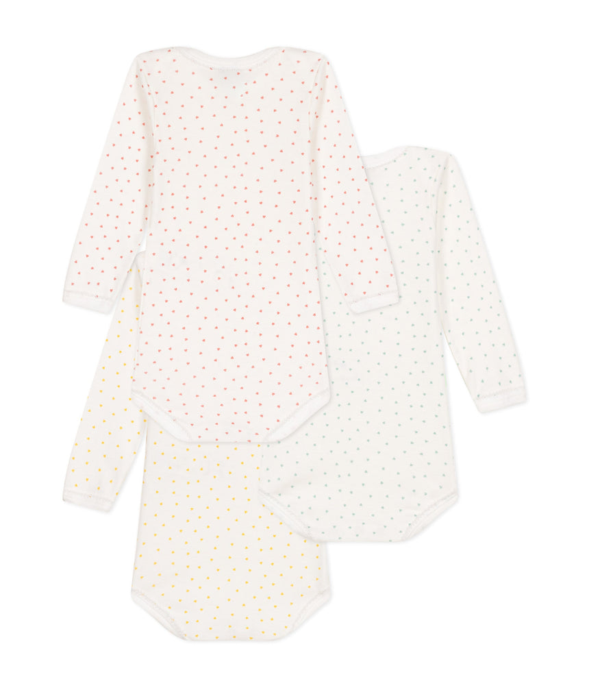 BABIES' HEART PATTERNED LONG-SLEEVED COTTON BODYSUITS - 3-PACK