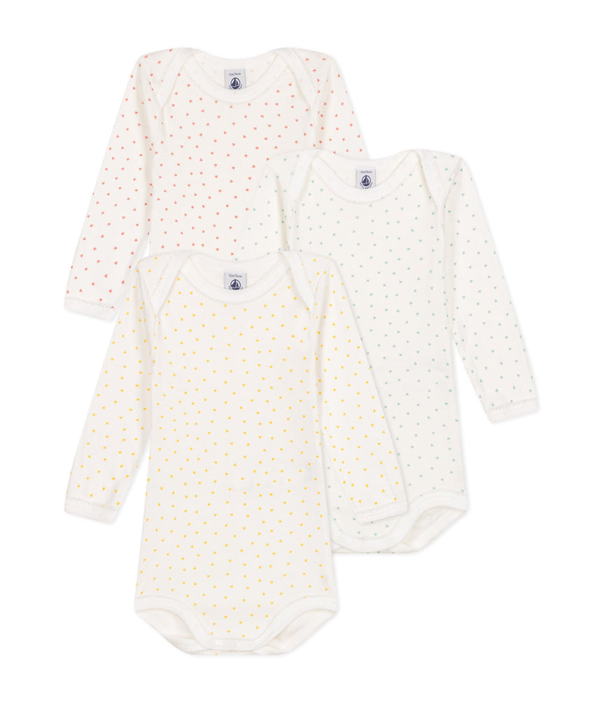 BABIES' HEART PATTERNED LONG-SLEEVED COTTON BODYSUITS - 3-PACK