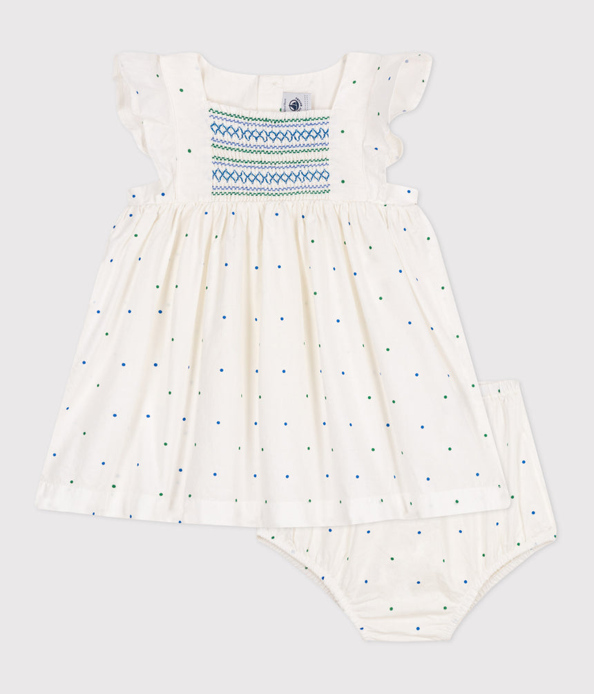 BABIES' WHITE COTTON DRESS AND BLOOMERS PRINTED WITH SPOTS