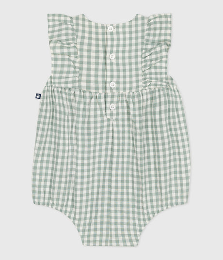 BABIES' SLEEVELESS COTTON ROMPERS WITH A GINGHAM PRINT AND AN EMBROIDERED COLLAR
