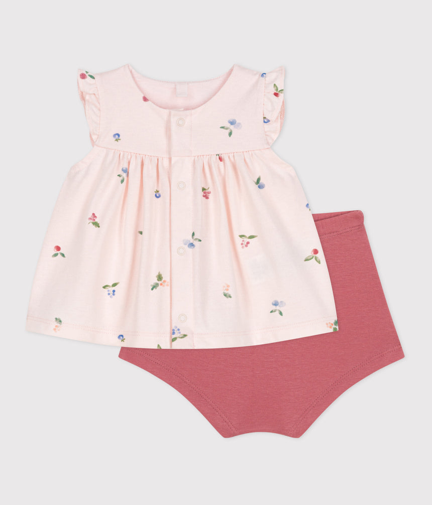 NEWBORN BABIES' TWO-PIECE COTTON SET WITH A RUFFLED BLOUSE