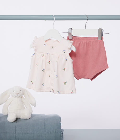 NEWBORN BABIES' TWO-PIECE COTTON SET WITH A RUFFLED BLOUSE