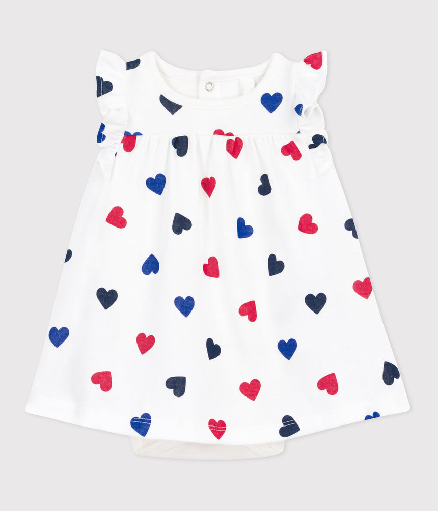 BABIES SHORT-SLEEVED COTTON DRESS WITH AN INTEGRATED TRIPLE HEART PATTERN BODY