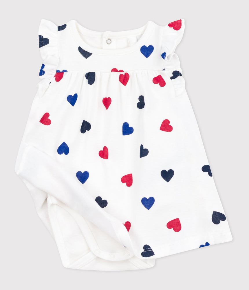 BABIES SHORT-SLEEVED COTTON DRESS WITH AN INTEGRATED TRIPLE HEART PATTERN BODY