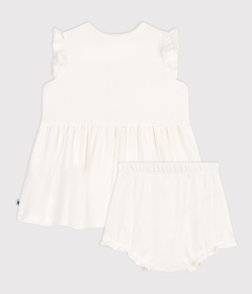 BABIES SHORT - SLEVEED WHITE HONEYCOMB DRESS AND BLOOMERS