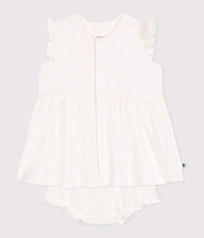 BABIES SHORT - SLEVEED WHITE HONEYCOMB DRESS AND BLOOMERS