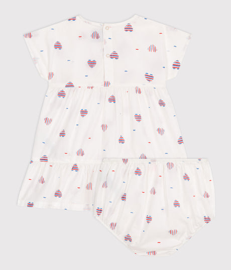 BABIES SHORT-SLEEVED COTTON DRESS AND BLOOMERS PRINTED WITH HEARTS