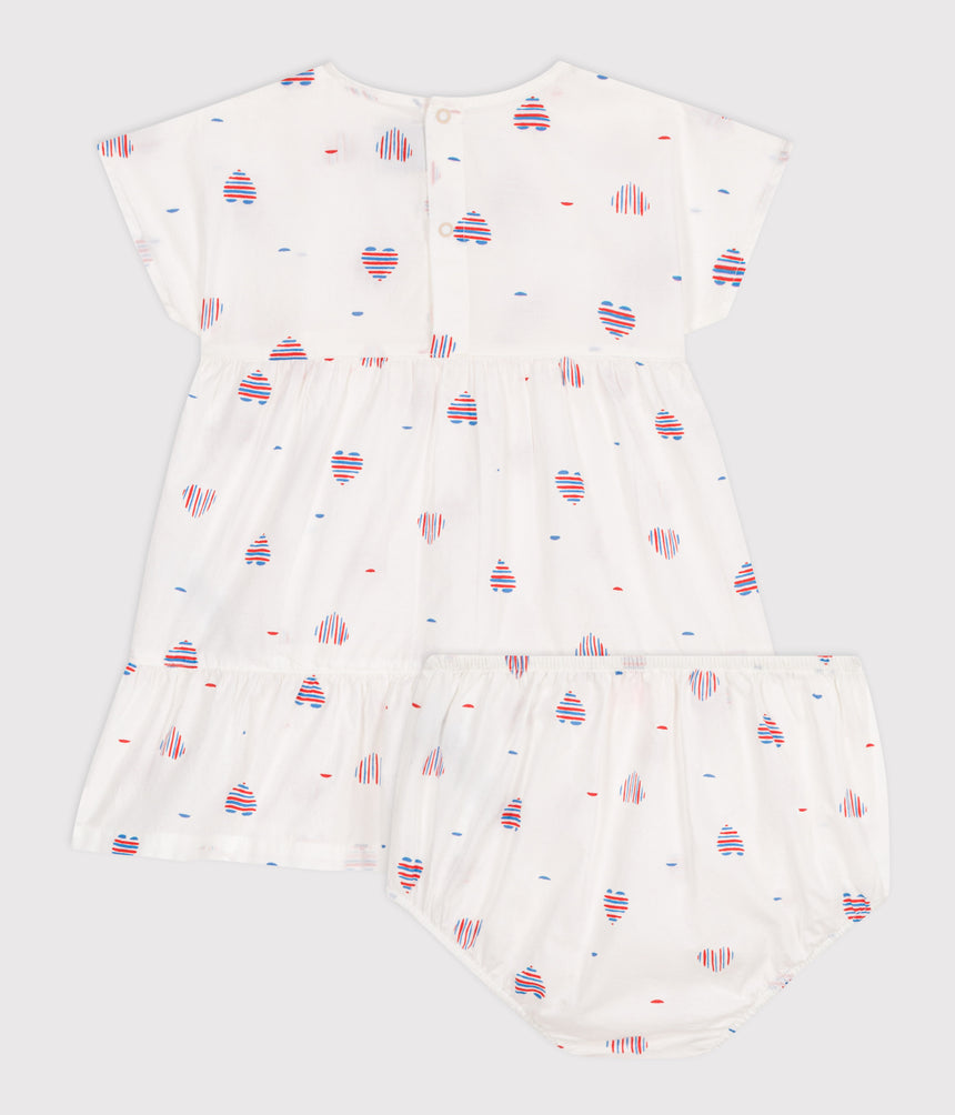 BABIES SHORT-SLEEVED COTTON DRESS AND BLOOMERS PRINTED WITH HEARTS