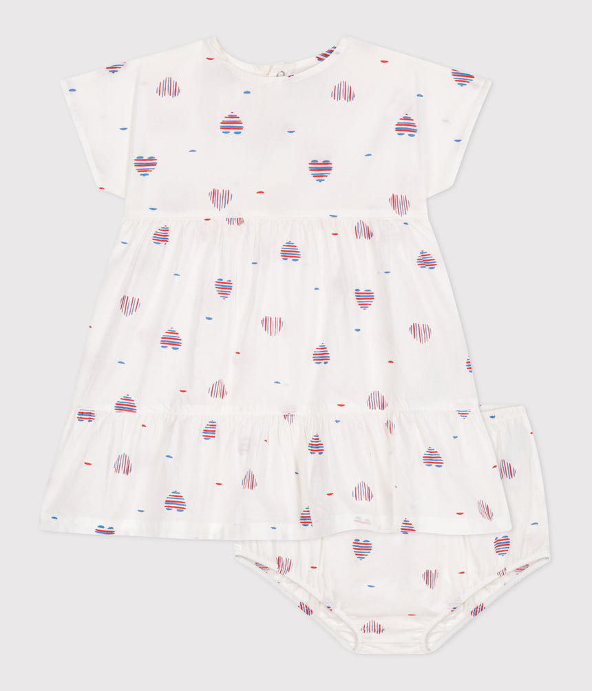 BABIES SHORT-SLEEVED COTTON DRESS AND BLOOMERS PRINTED WITH HEARTS