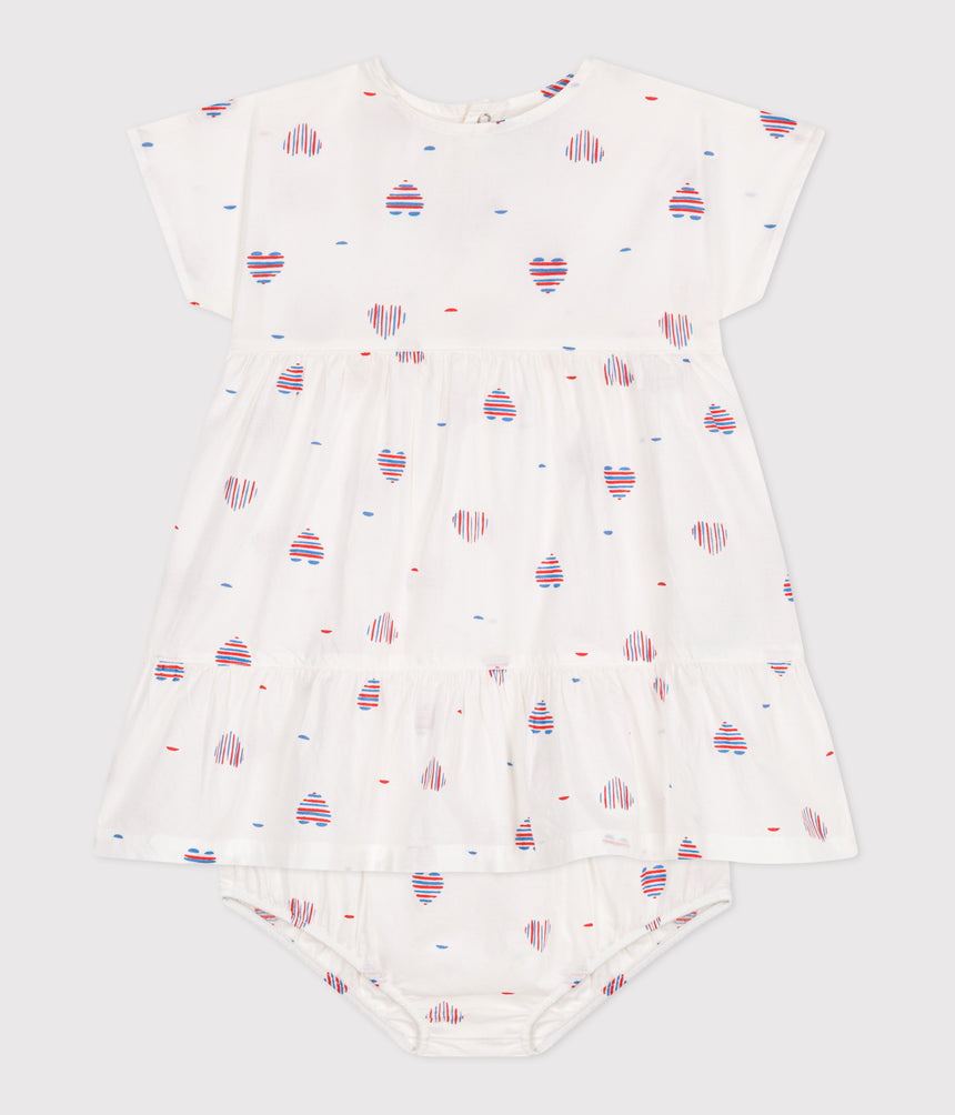 BABIES SHORT-SLEEVED COTTON DRESS AND BLOOMERS PRINTED WITH HEARTS