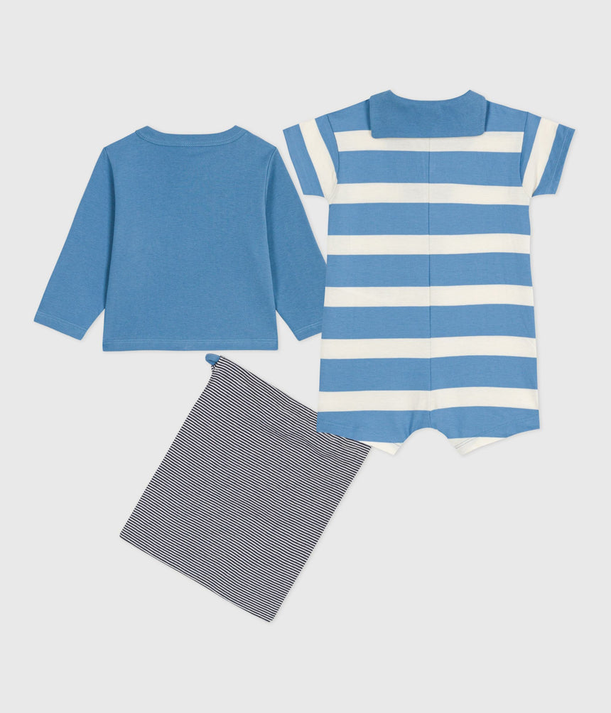 BABIES TWO-PIECE SET IN COTTON,WITH A PLAIN CARDIGAN AND SHORT PLAYSUIT