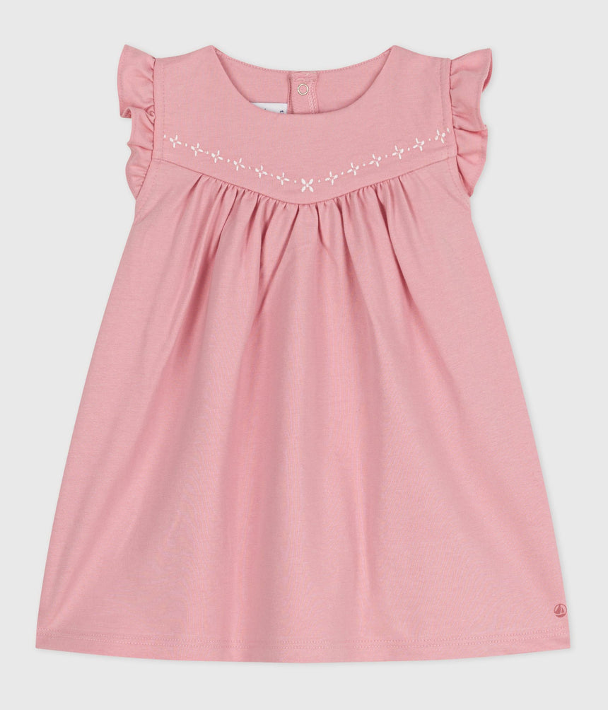 BABIES SLEEVLESS PLAIN COTTON DRESS WITH EMBROIDERED DETAILS ON THE COLLAR