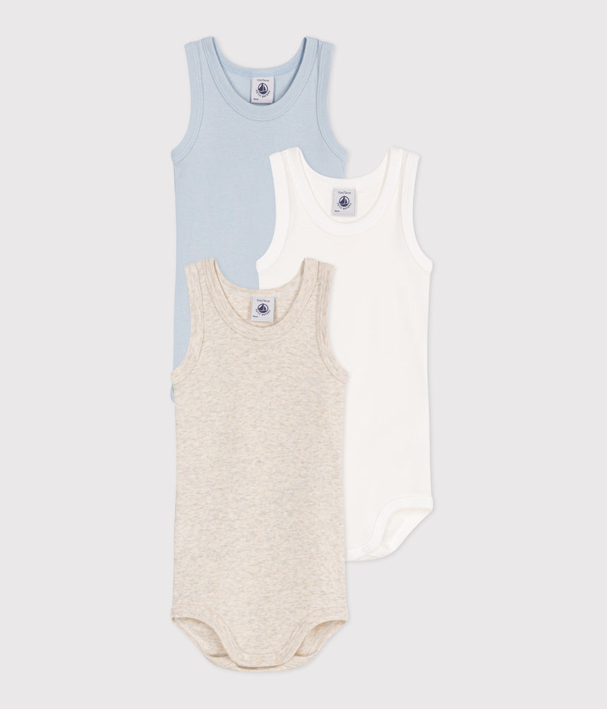 BABIES' SLEEVELESS PLAIN COTTON BODYSUITS - 3-PACK