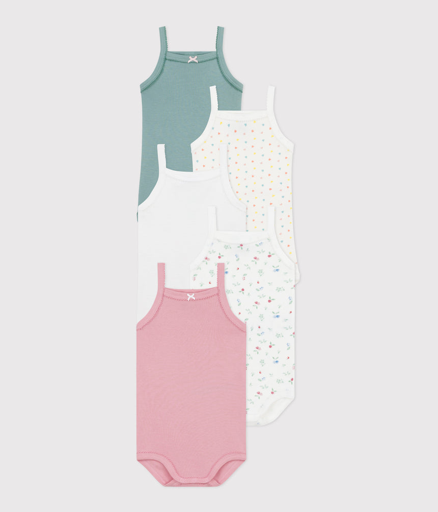 BABIES' FLORAL  COTTON BODYSUIT WITH STRAPS - 5-PACK