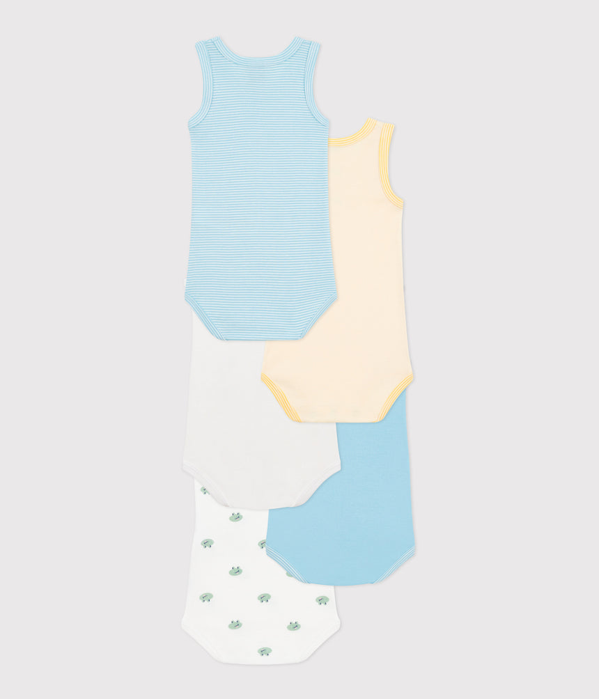 BABIES' SLEEVELESS PRINTED COTTON BODYSUITS - 5-PACK