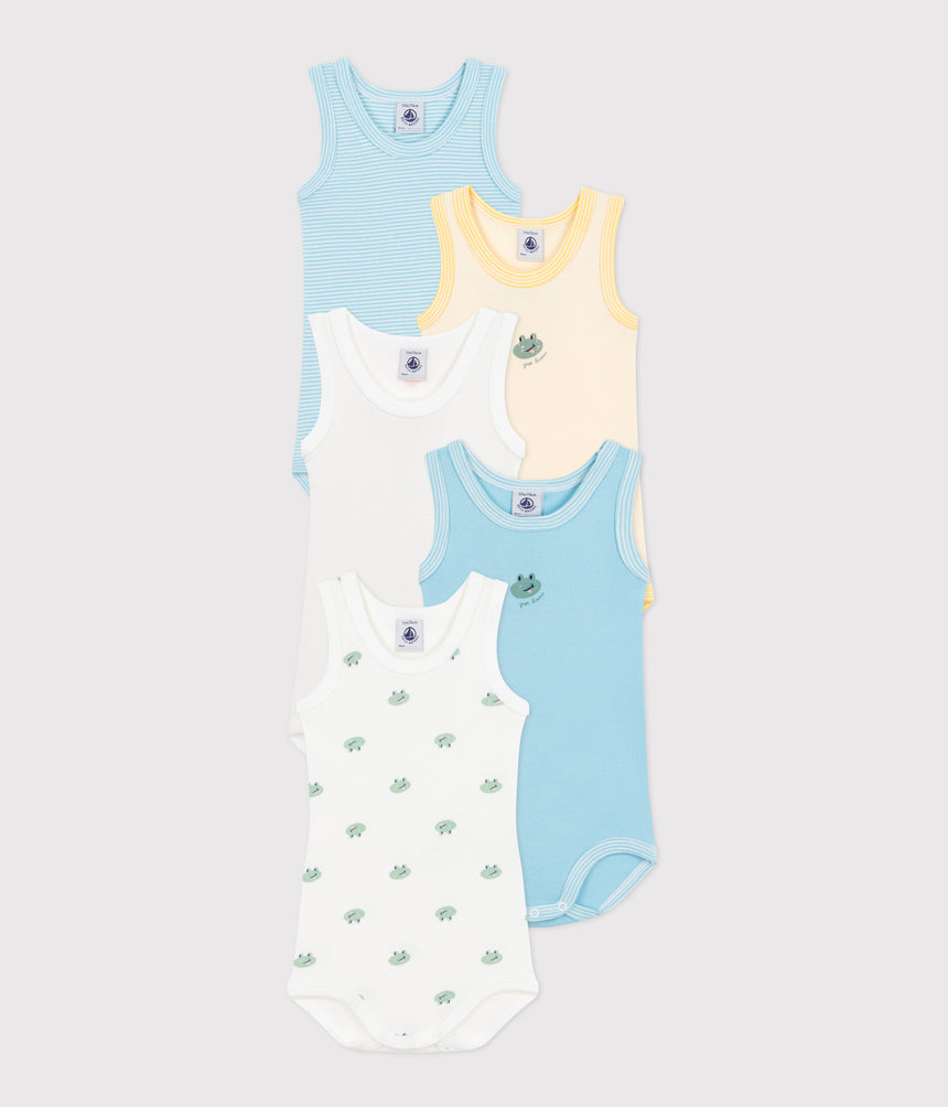 BABIES' SLEEVELESS PRINTED COTTON BODYSUITS - 5-PACK