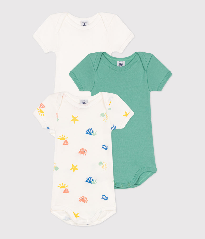 BABIES' SHORT-SLEVEEDPRINTED COTON BODIES - 3-PACK