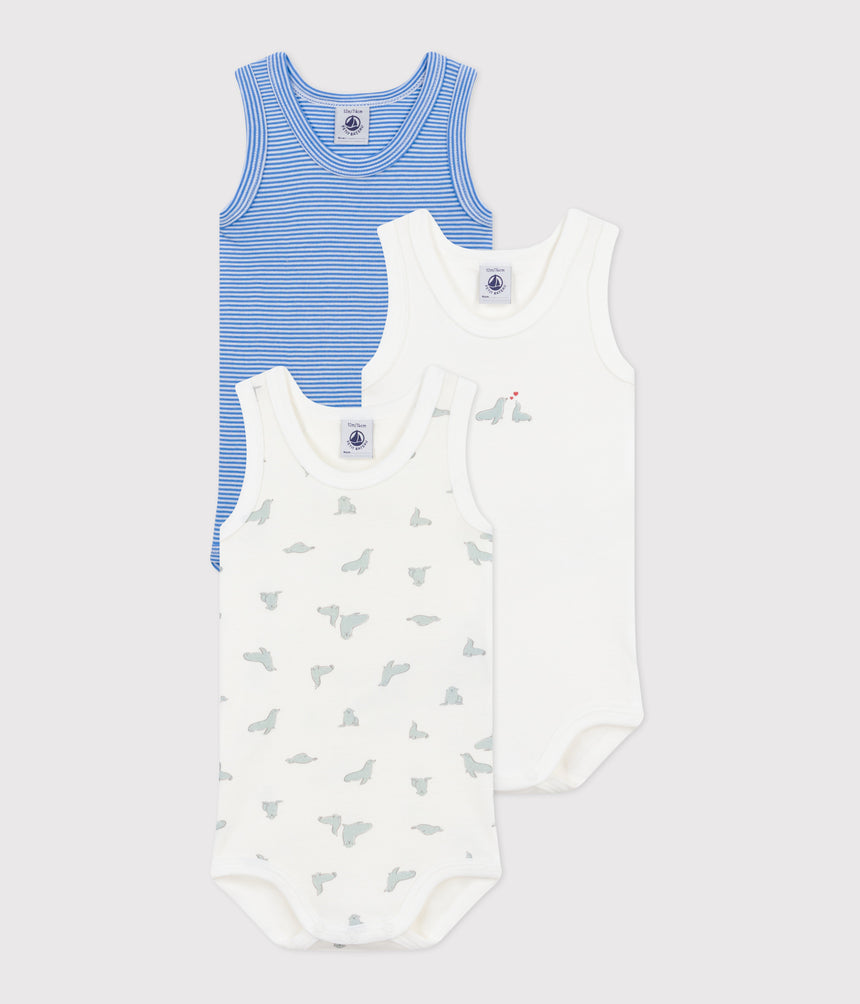 BABIES SLEEVELESS PRINTED COTTON BODYSUITS -3-PACK