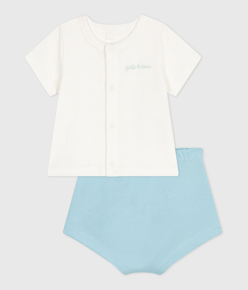 NEWBORN BABIES' TWO-PIECE COTTON SET WITH A PLAIN BOTTOM HALF