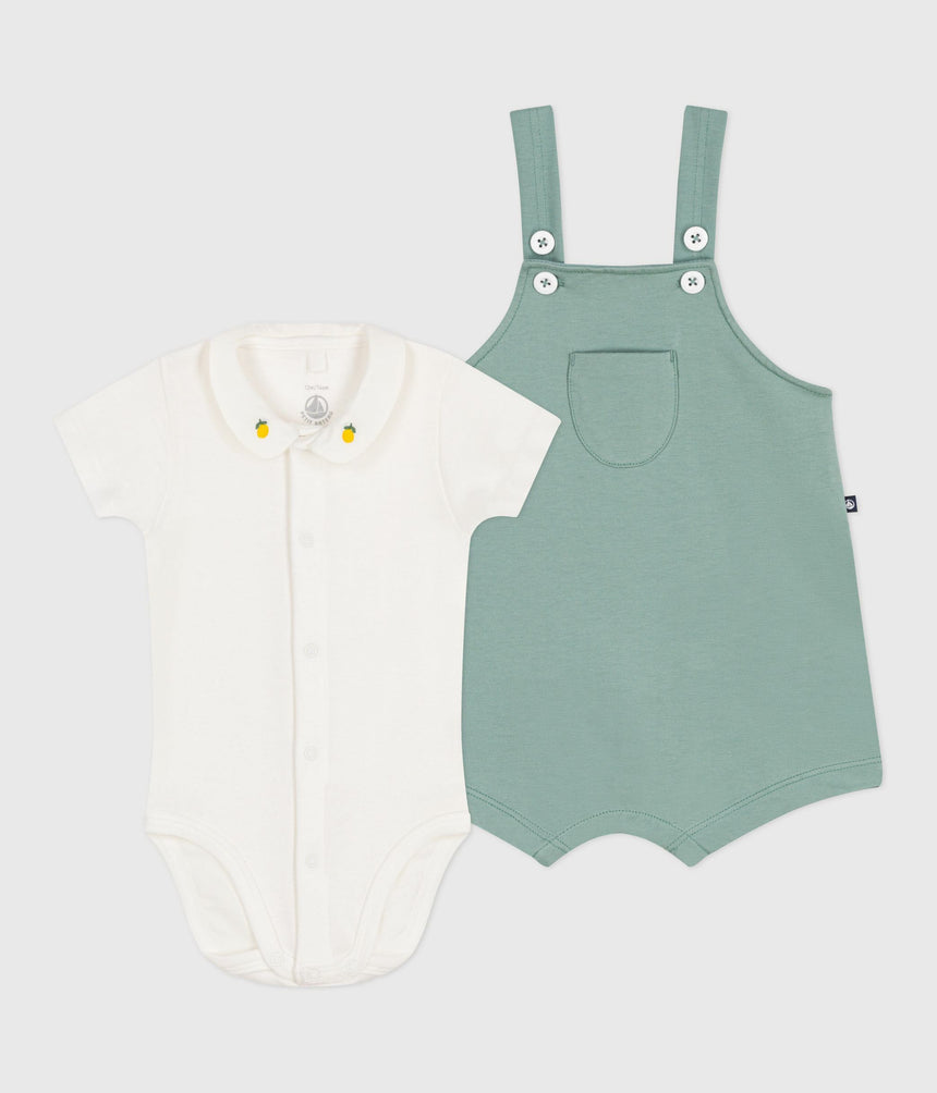 NEWBORN BABIES SET WITH DUNGAREES AND A BODY EMBROIDERED IN PLAIN COTTON