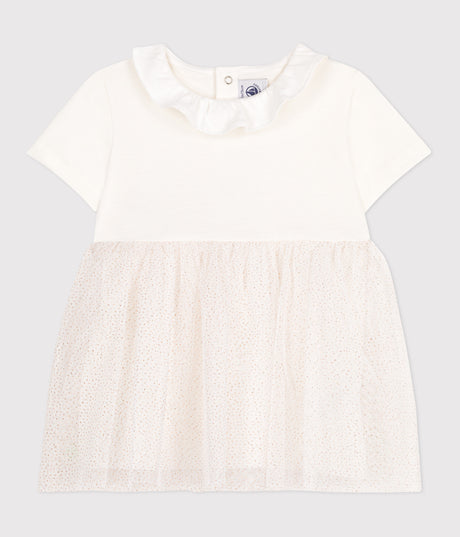 BABIES SHORT-SLEEVED COTTON AND TULLE DRESS WITH RUFF