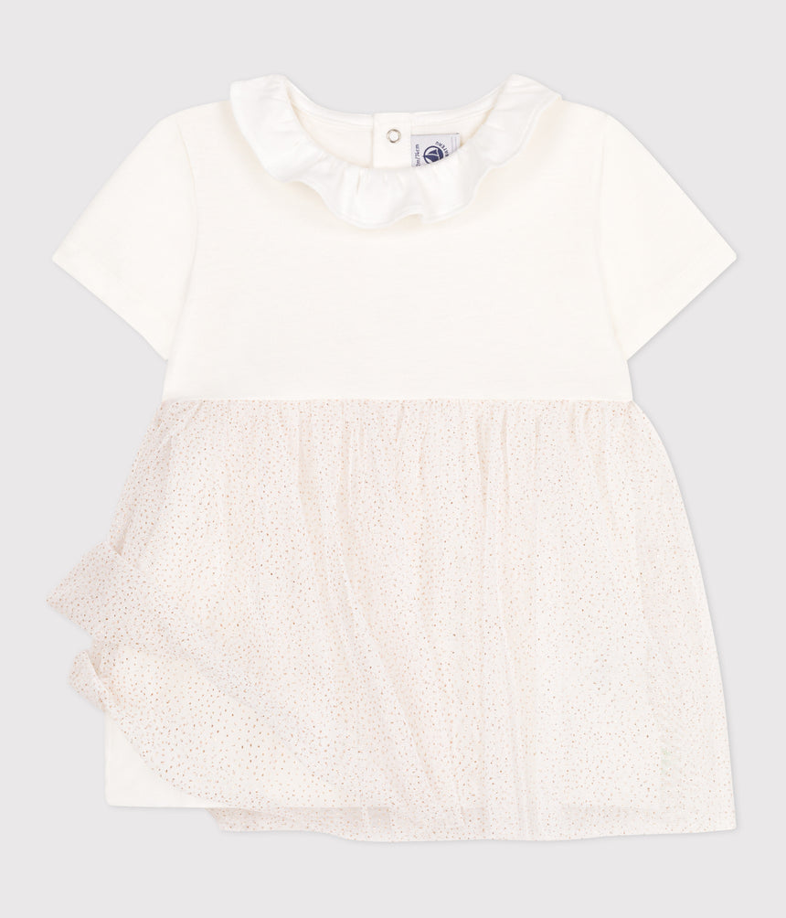 BABIES SHORT-SLEEVED COTTON AND TULLE DRESS WITH RUFF