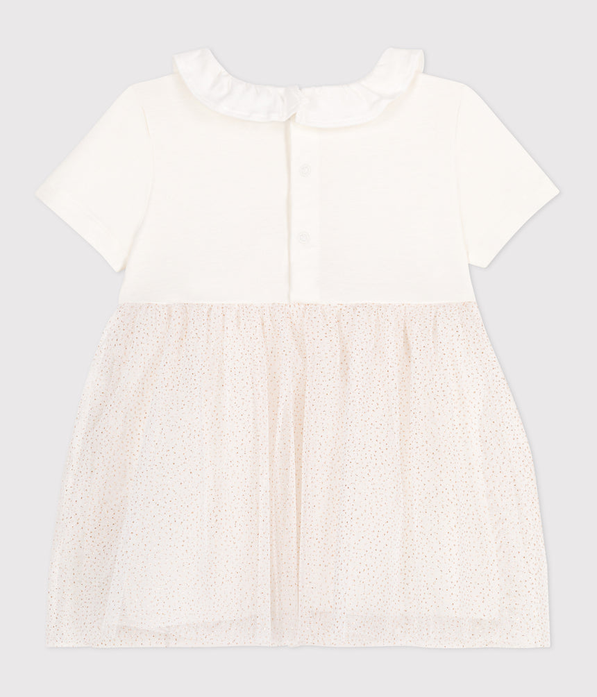 BABIES SHORT-SLEEVED COTTON AND TULLE DRESS WITH RUFF