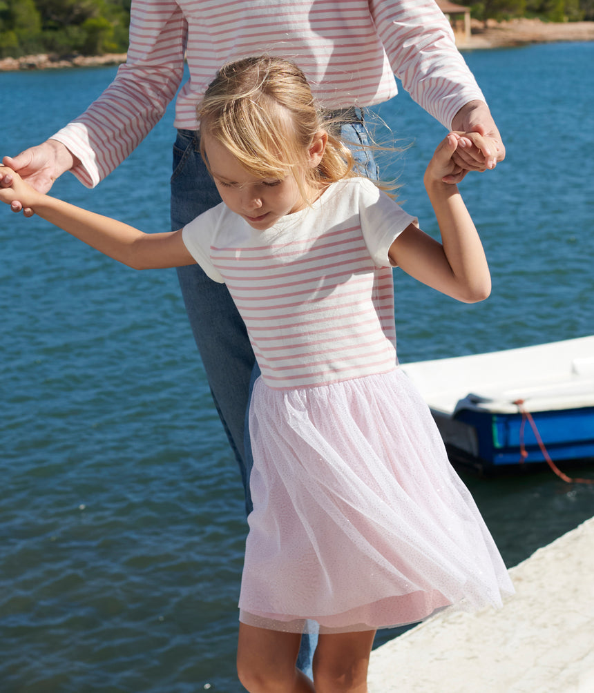 CHILDRENS SHORT-SLEEVED COTTON AND TULLE DRESS