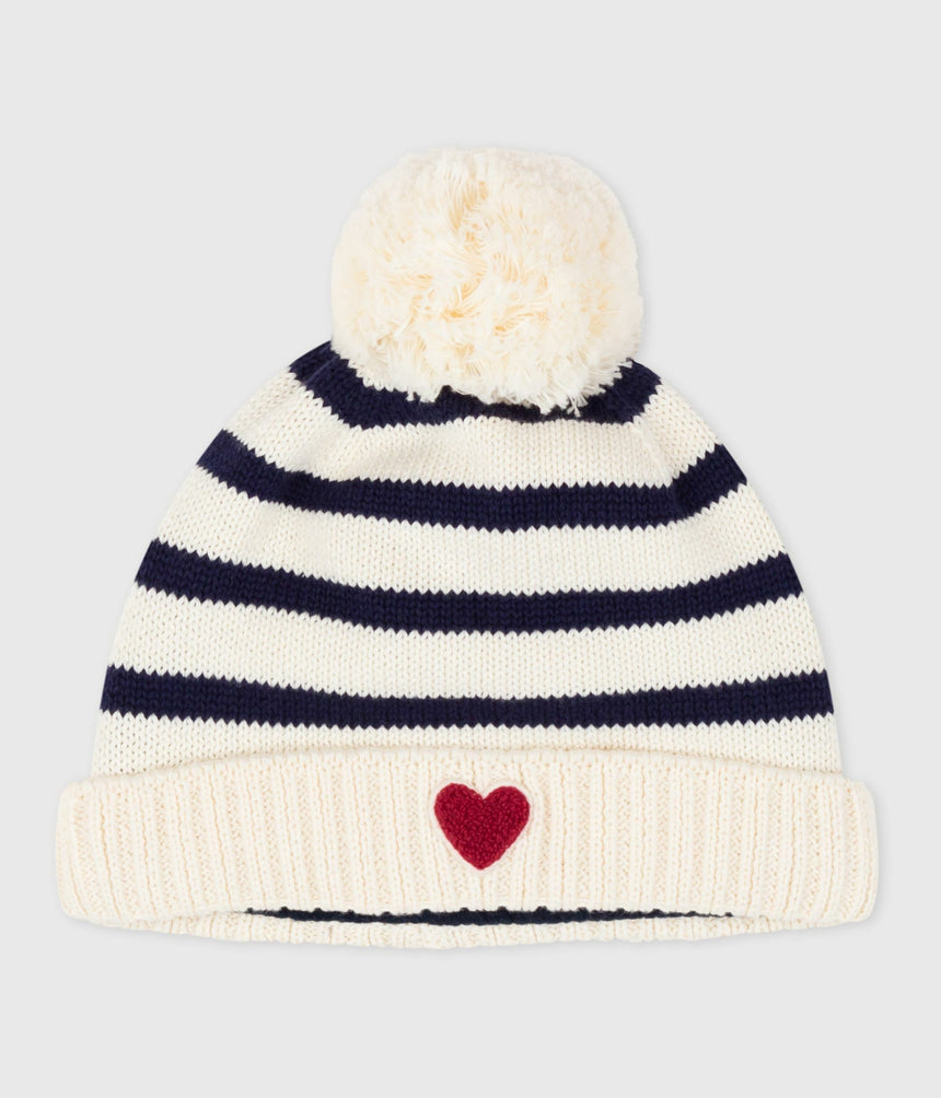BABIES' STRIPY KNITTED BEANIE WITH A FLEECE LINING