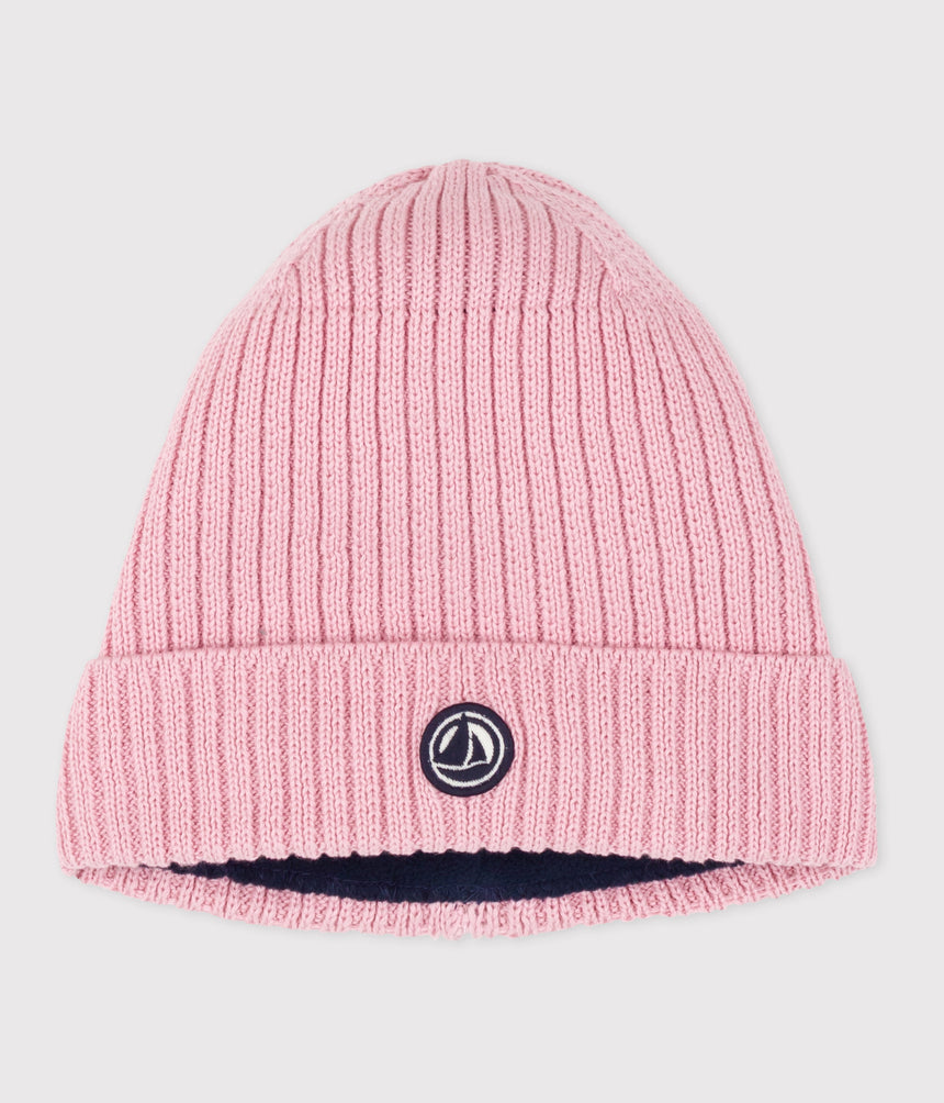 CHILDRENS KNITTED BEANIE HAT LINED IN POLAR FLEECE