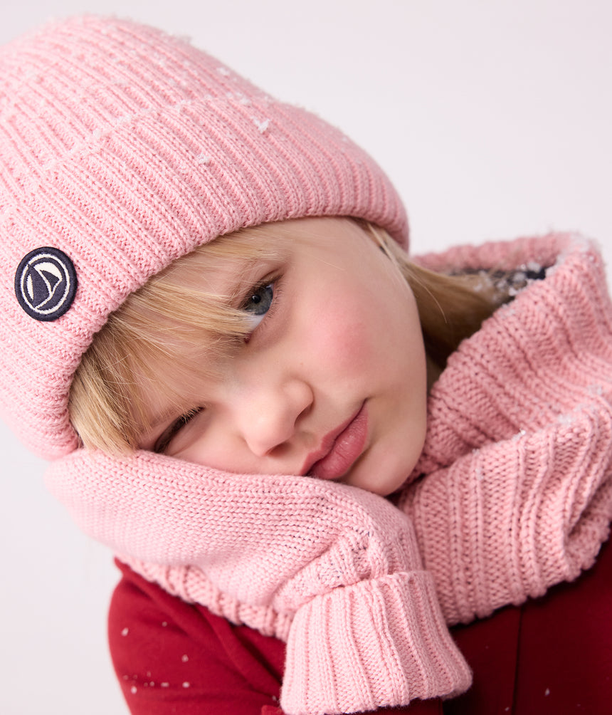 CHILDRENS KNITTED BEANIE HAT LINED IN POLAR FLEECE