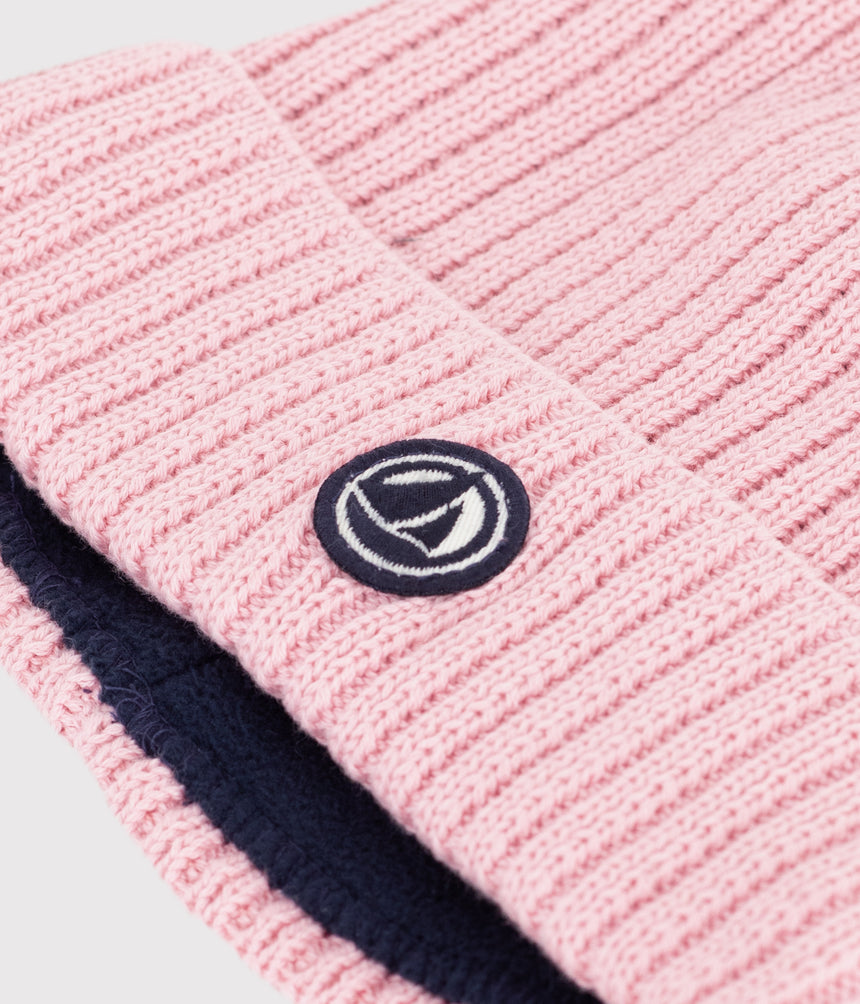 CHILDRENS KNITTED BEANIE HAT LINED IN POLAR FLEECE