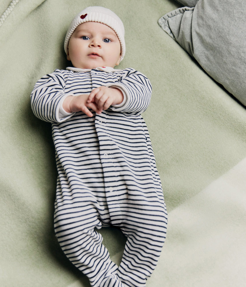 UNISEX BABY VELOUR WITH STRIPED PRINT COLLAR