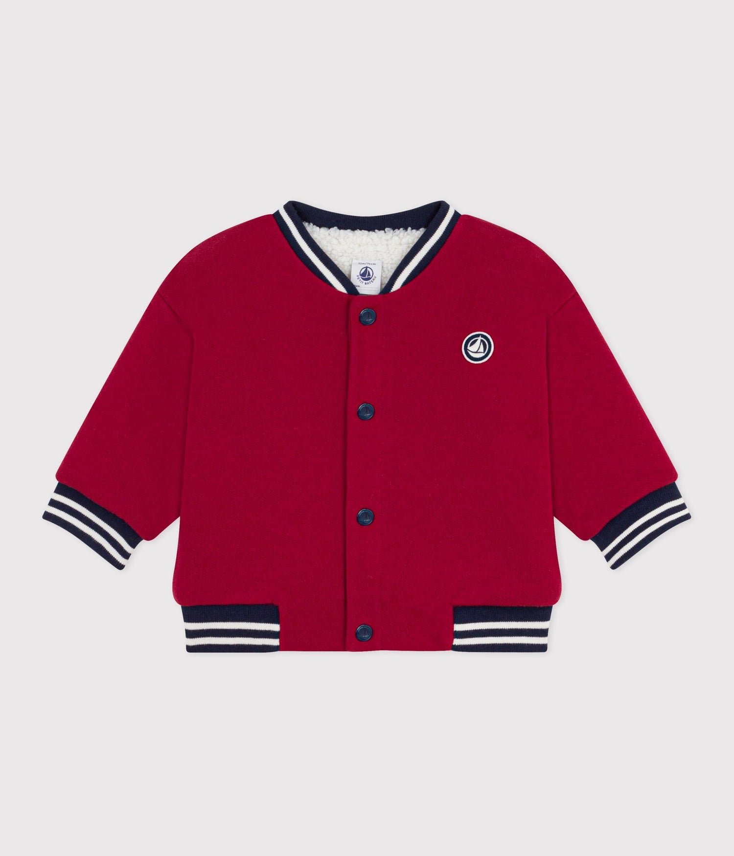 BABIES' VARSITY STYLE JACKET IN PLAIN COTTON AND SHERPA BABIES' VARSITY STYLE JACKET IN PLAIN COTTON AND SHERPA