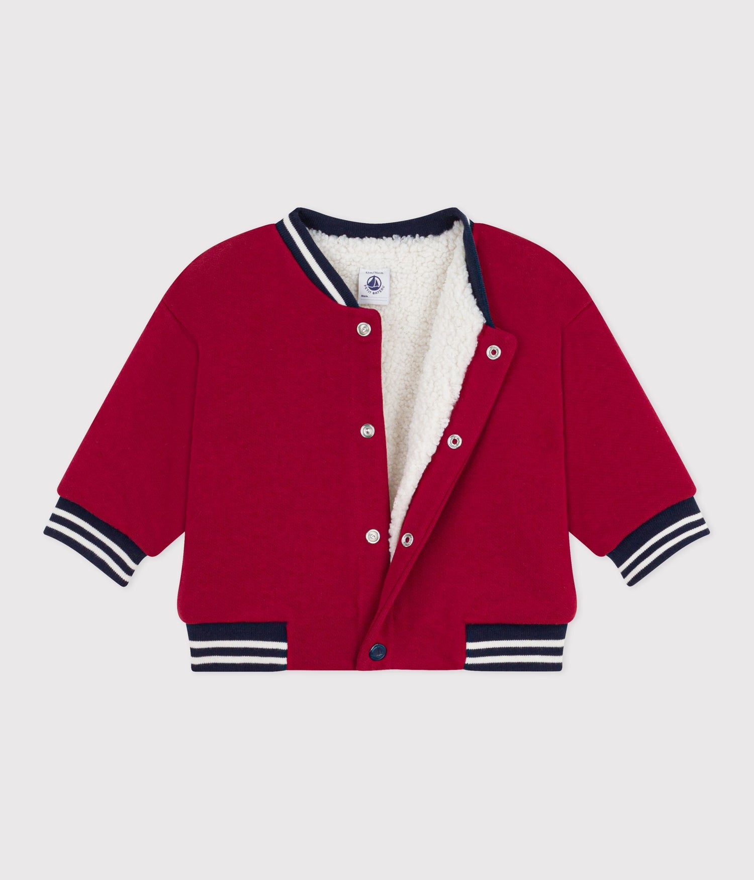 BABIES' VARSITY STYLE JACKET IN PLAIN COTTON AND SHERPA BABIES' VARSITY STYLE JACKET IN PLAIN COTTON AND SHERPA