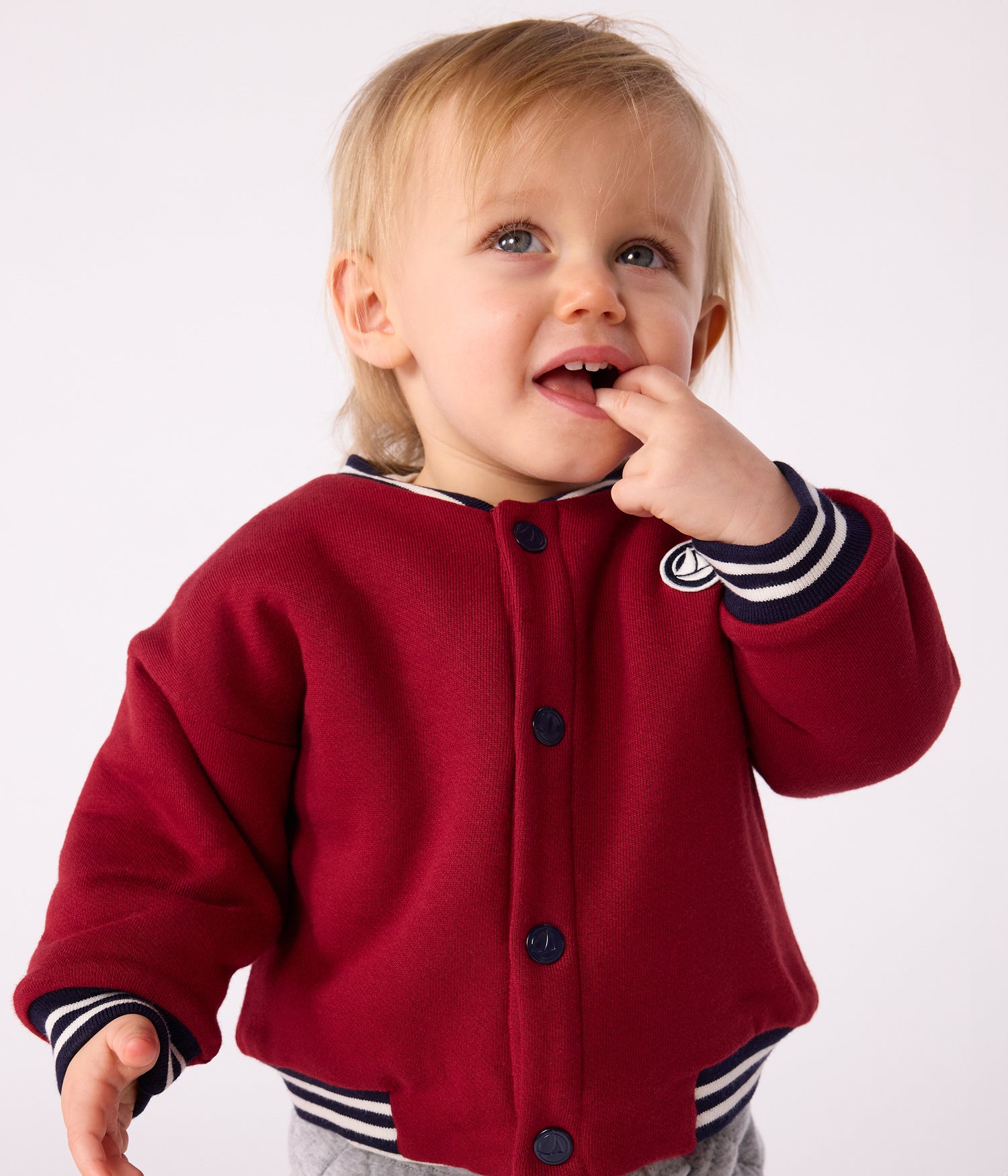 BABIES' VARSITY STYLE JACKET IN PLAIN COTTON AND SHERPA BABIES' VARSITY STYLE JACKET IN PLAIN COTTON AND SHERPA