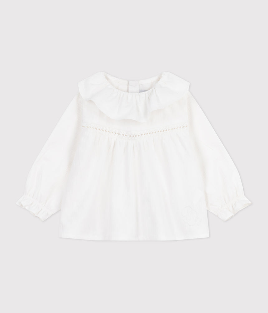 BABIES LONG-SLEEVED COTTON POPLIN BLOUSE WITH A COLLAR AND EMMBROIDERY