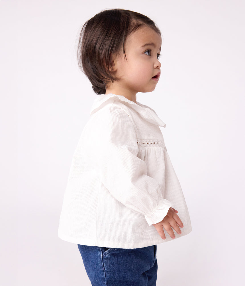 BABIES LONG-SLEEVED COTTON POPLIN BLOUSE WITH A COLLAR AND EMMBROIDERY