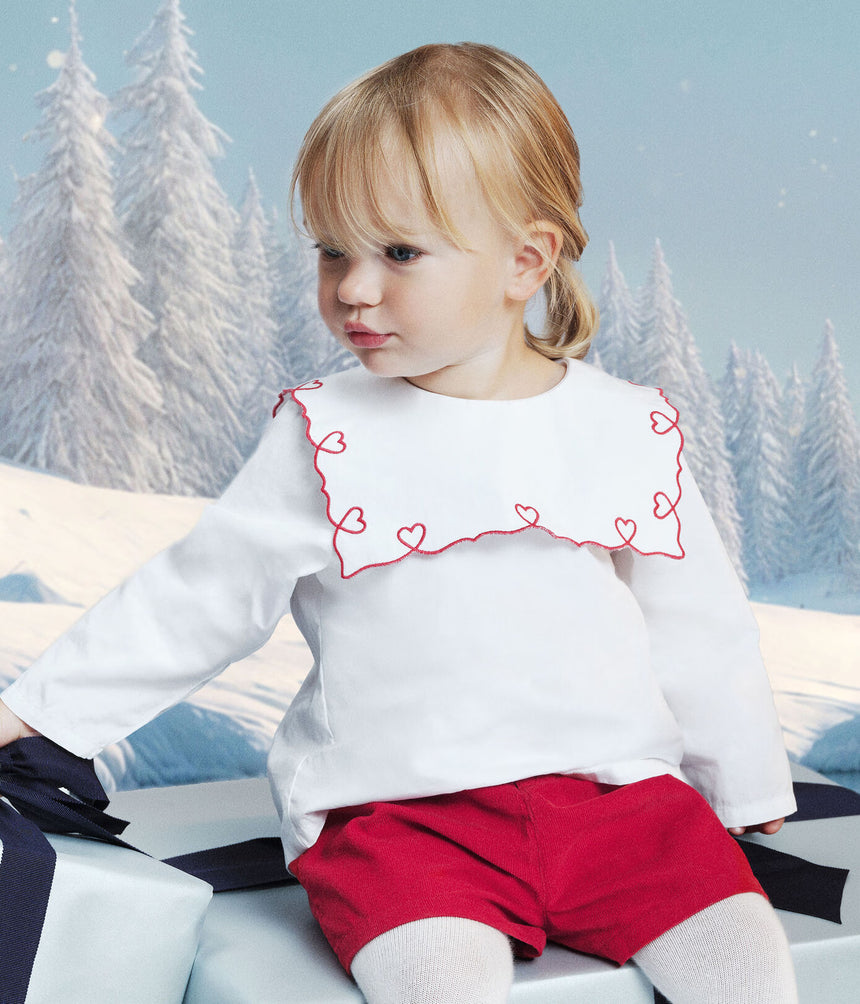 BABIES' LONG-SLEEVED COTTON POPLIN BLOUSE WITH EMBROIDERED HEARTS