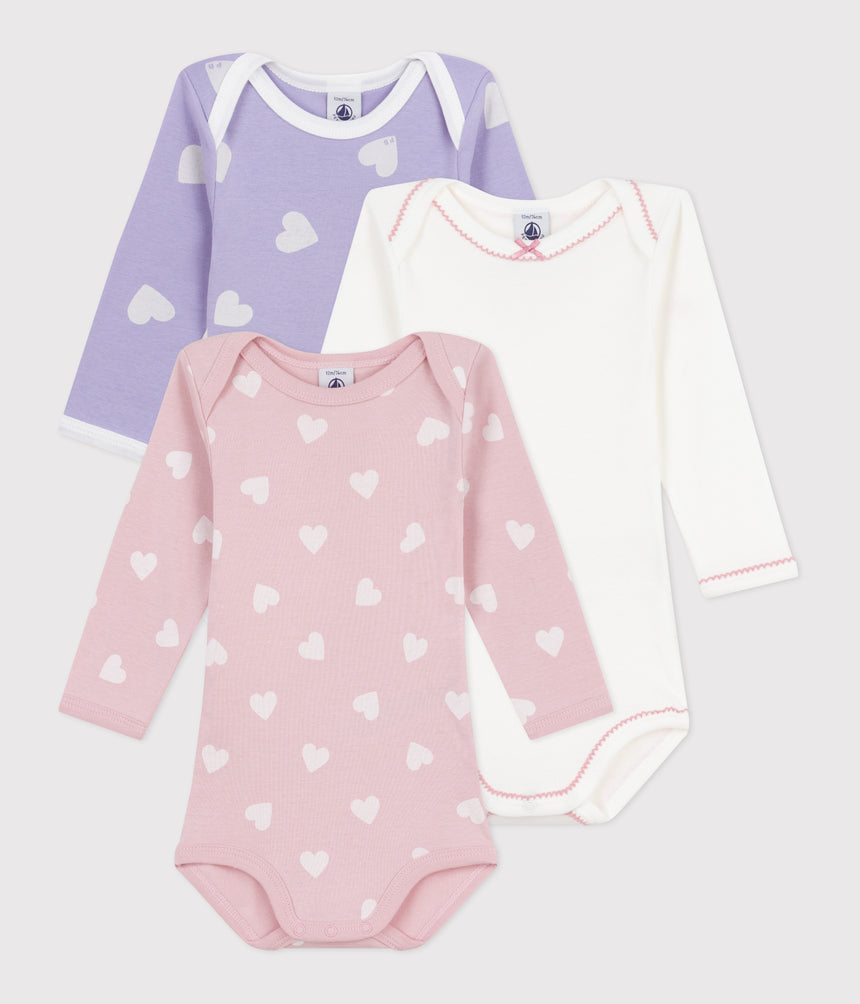 PACK OF LONG-SLEEVED HEART-PRINT COTTON BAODIES FOR BABIES