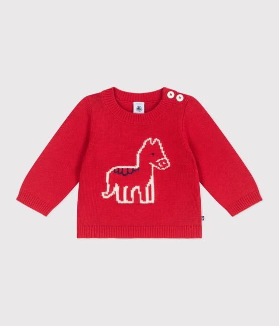 BABIES' JUMPER IN A WOOL AND COTTON KNIT WITH A HORSE DESIGN