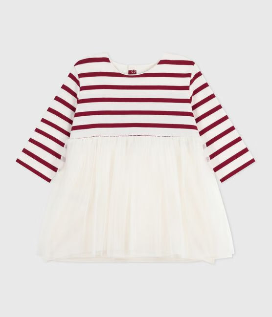 BABIES' LONG-SLEEVED DRESS IN TWO MATERIALS BABIES' LONG-SLEEVED DRESS IN TWO MATERIALS