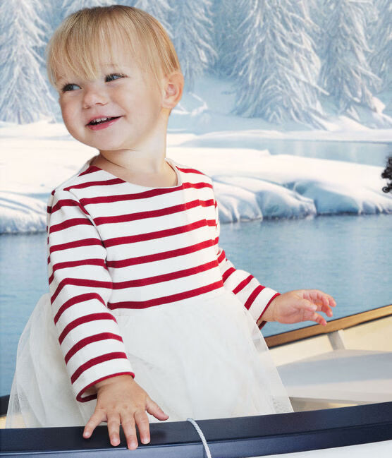 BABIES' LONG-SLEEVED DRESS IN TWO MATERIALS