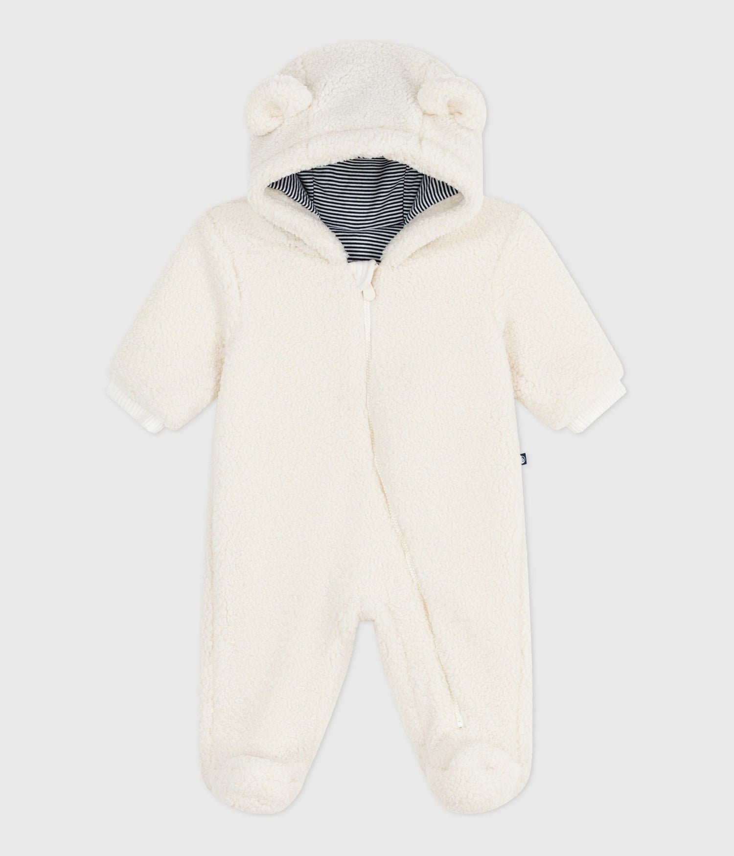 BABIES SHERPA SNOWSUIT WITH EARS AND PINSTIPED LINING BABIES SHERPA SNOWSUIT WITH EARS AND PINSTIPED LINING