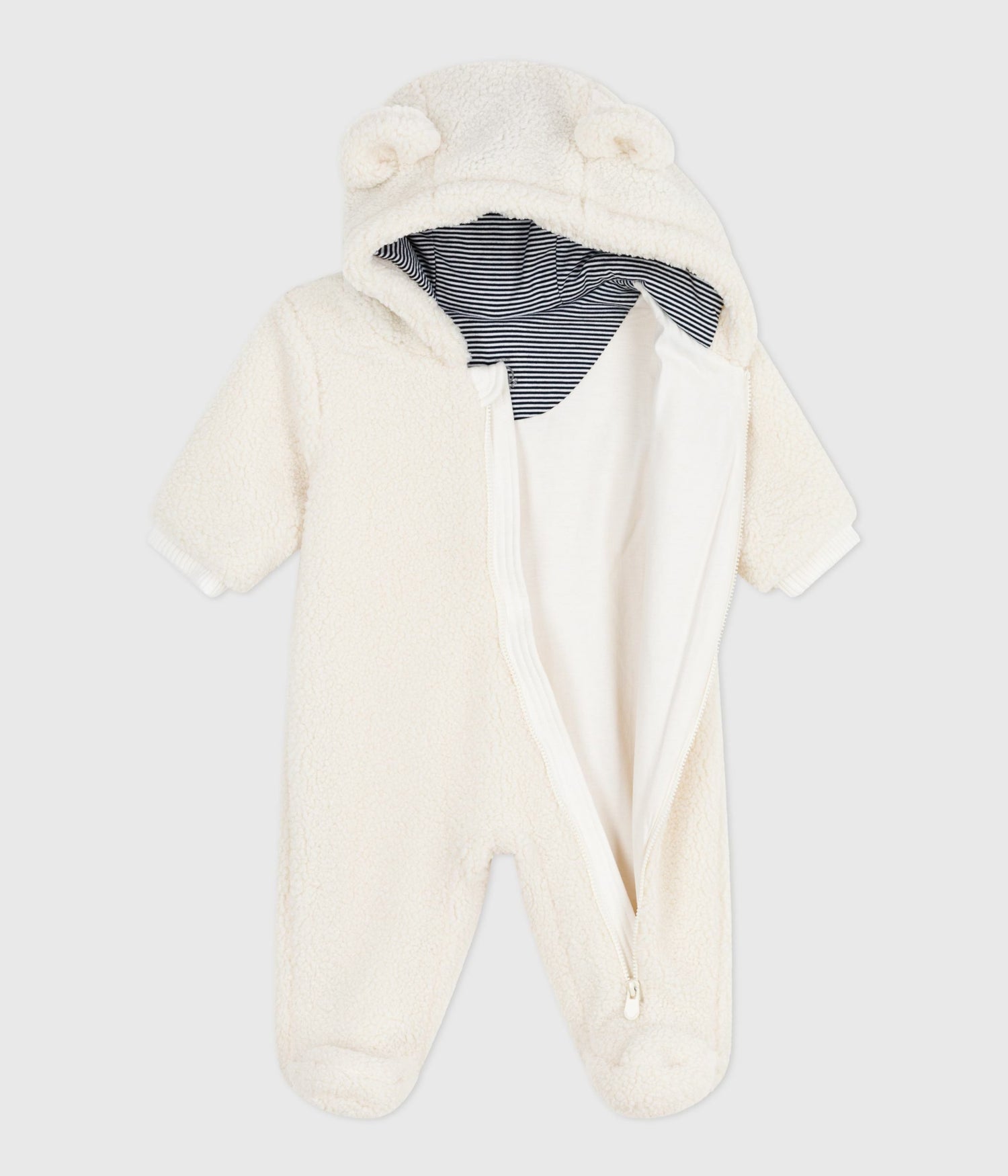 BABIES SHERPA SNOWSUIT WITH EARS AND PINSTIPED LINING BABIES SHERPA SNOWSUIT WITH EARS AND PINSTIPED LINING