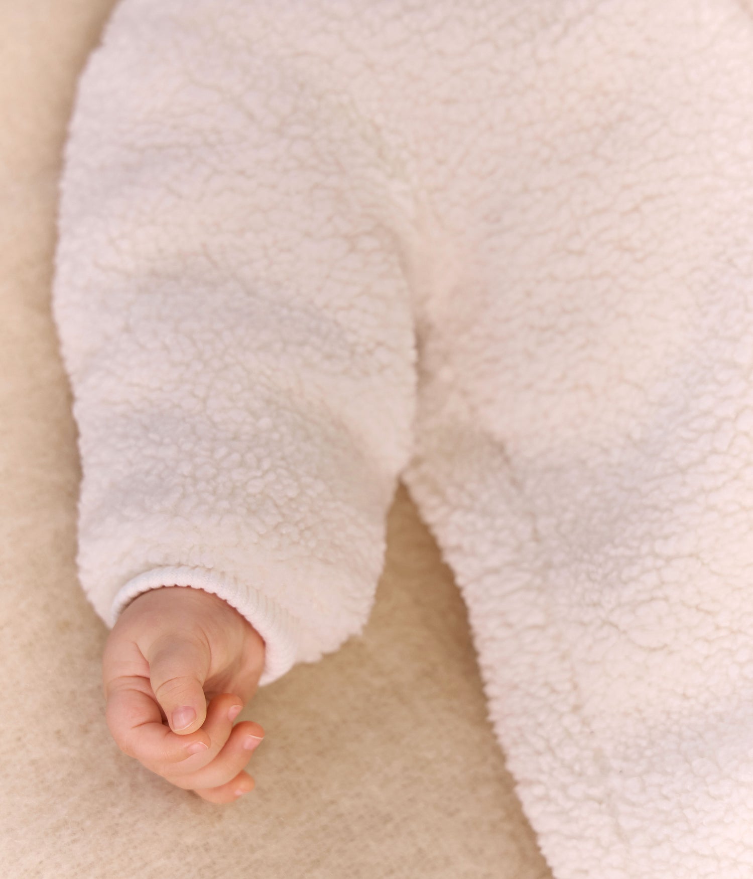 BABIES SHERPA SNOWSUIT WITH EARS AND PINSTIPED LINING BABIES SHERPA SNOWSUIT WITH EARS AND PINSTIPED LINING