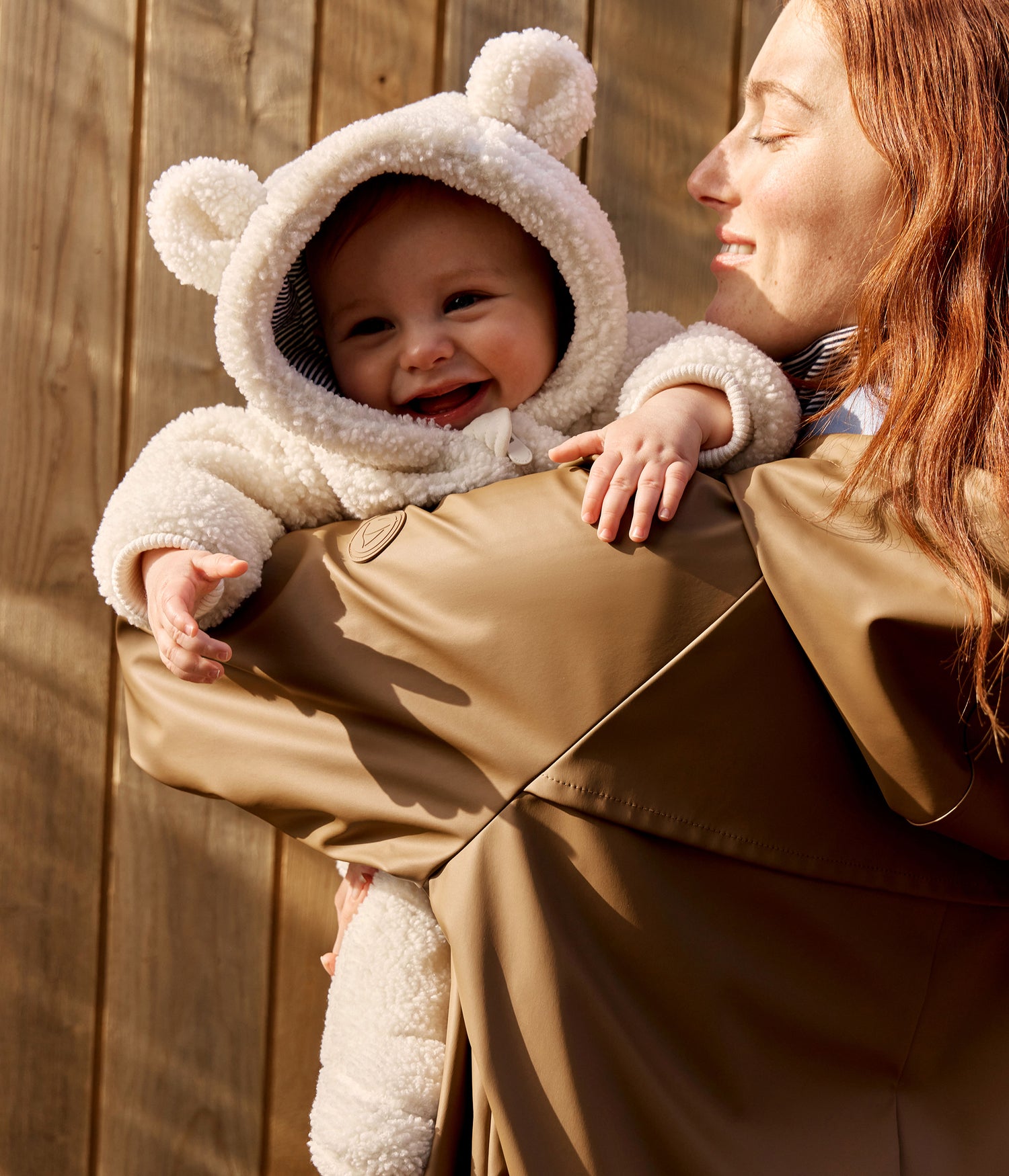 BABIES SHERPA SNOWSUIT WITH EARS AND PINSTIPED LINING BABIES SHERPA SNOWSUIT WITH EARS AND PINSTIPED LINING