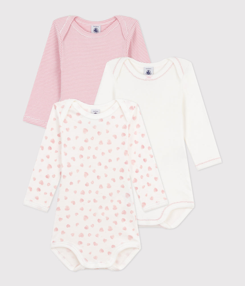 PACK OF LONG-SLEEVED HEART-PRINT COTTON BODIES FOR BABIES